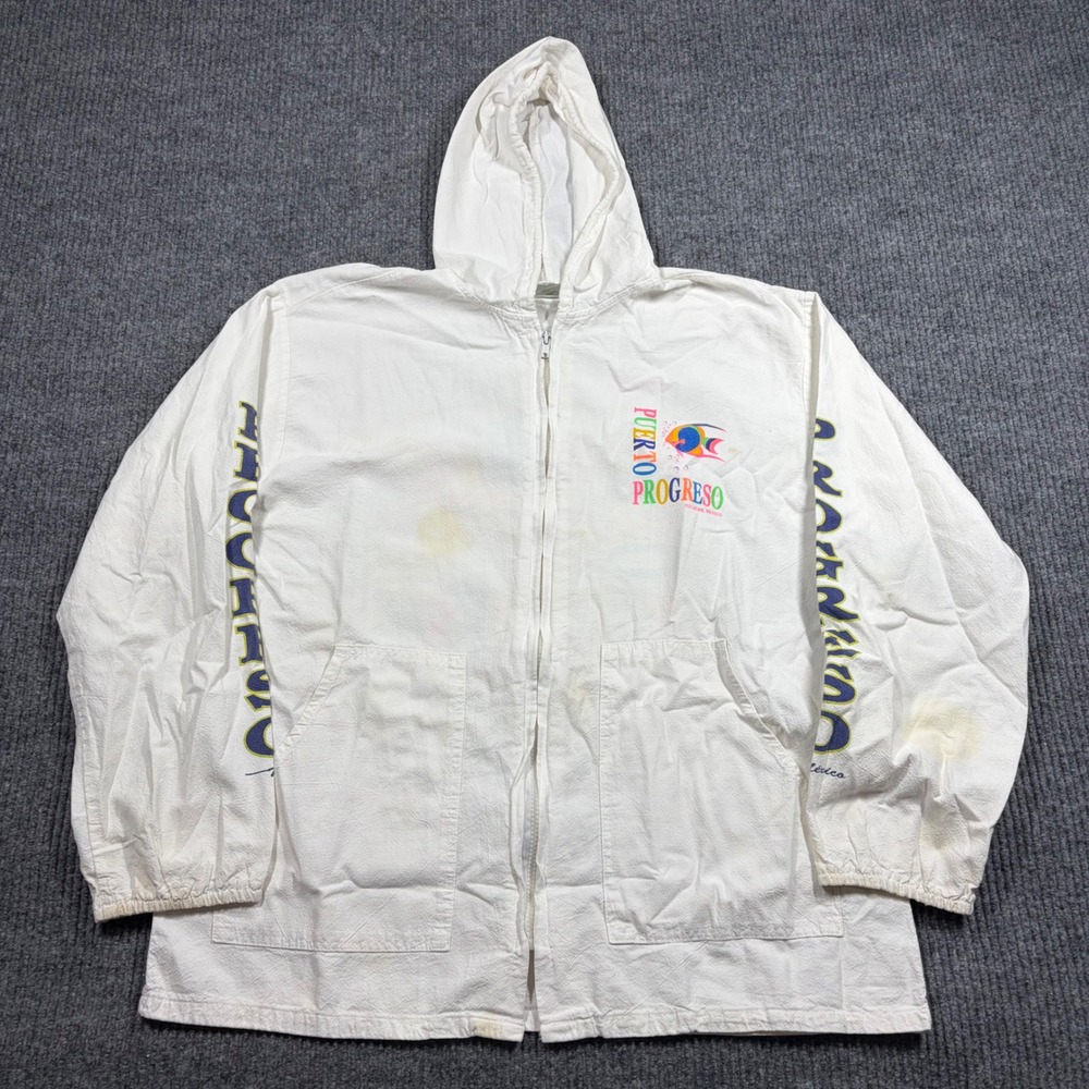 Vintage La Iguana Jacket Mens L Puerto Progreso Mexico White Zip Up Hooded Beach